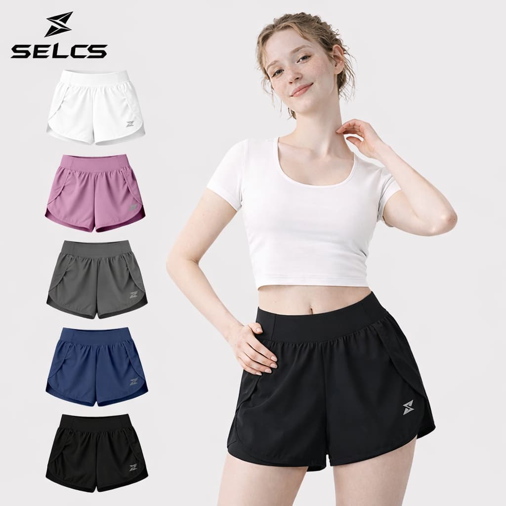 SELCS กางเกงออกกำลังกายผู้หญิง กางเกงออกกำลังกายขาสั้น ผ้าลื่น มีซับในกันโป๊ มาพร้อมกระเป๋าด้านข้าง…