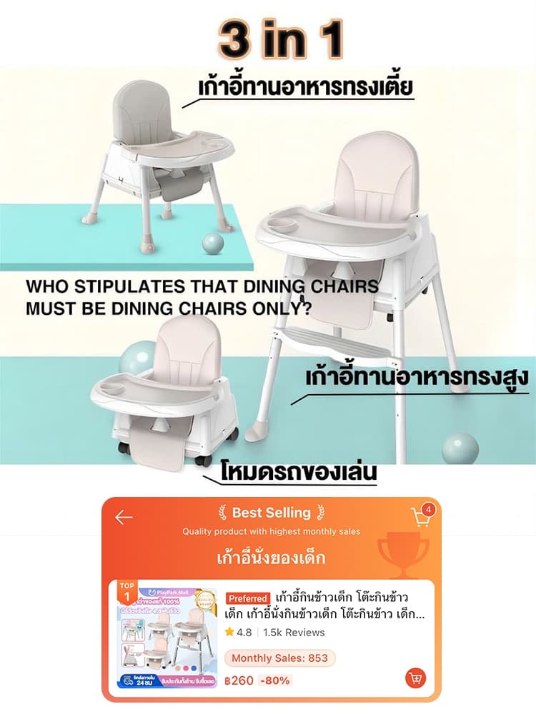 เก้าอี้กินข้าวเด็ก โต๊ะกินข้าวเด็ก เก้าอี้นั่งกินข้าวเด็ก โต๊ะกินข้าว เด็ก 6 เดือน 3 in 1