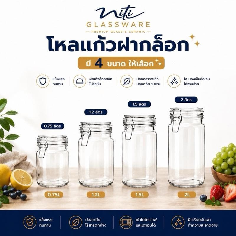 โหลแก้ว โหลดองบ๊วยทรงกระบอกสูง ฝาแก้ว กิ๊บล็อก ซิลิโคนทรงกระบอก ขนาด0.75ถึง 2 ลิตร รูปที่ 1