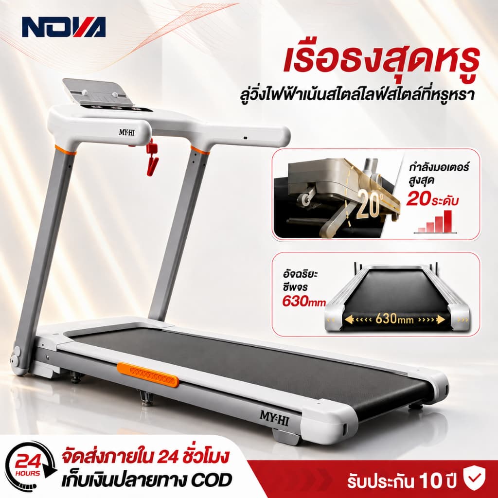 ลู่วิ่งไฟฟ้า U2 ลู่วิ่ง พับได้ มอเตอร์ 5.2HP ปรับความชันไฟฟ้า 20 ระดับ วัดอัตราหัวใจแบบพัลส์ที่มือจับ