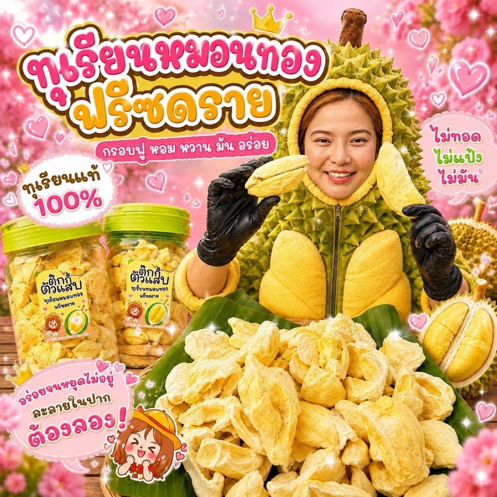 (ส่งฟรี)มี3แบบให้เลือก ทุเรียนฟรีซดราย ทุเรียนหมอนทอง กรอบฟูละลายในปาก ตุ๊กกี้ตัวแสบ