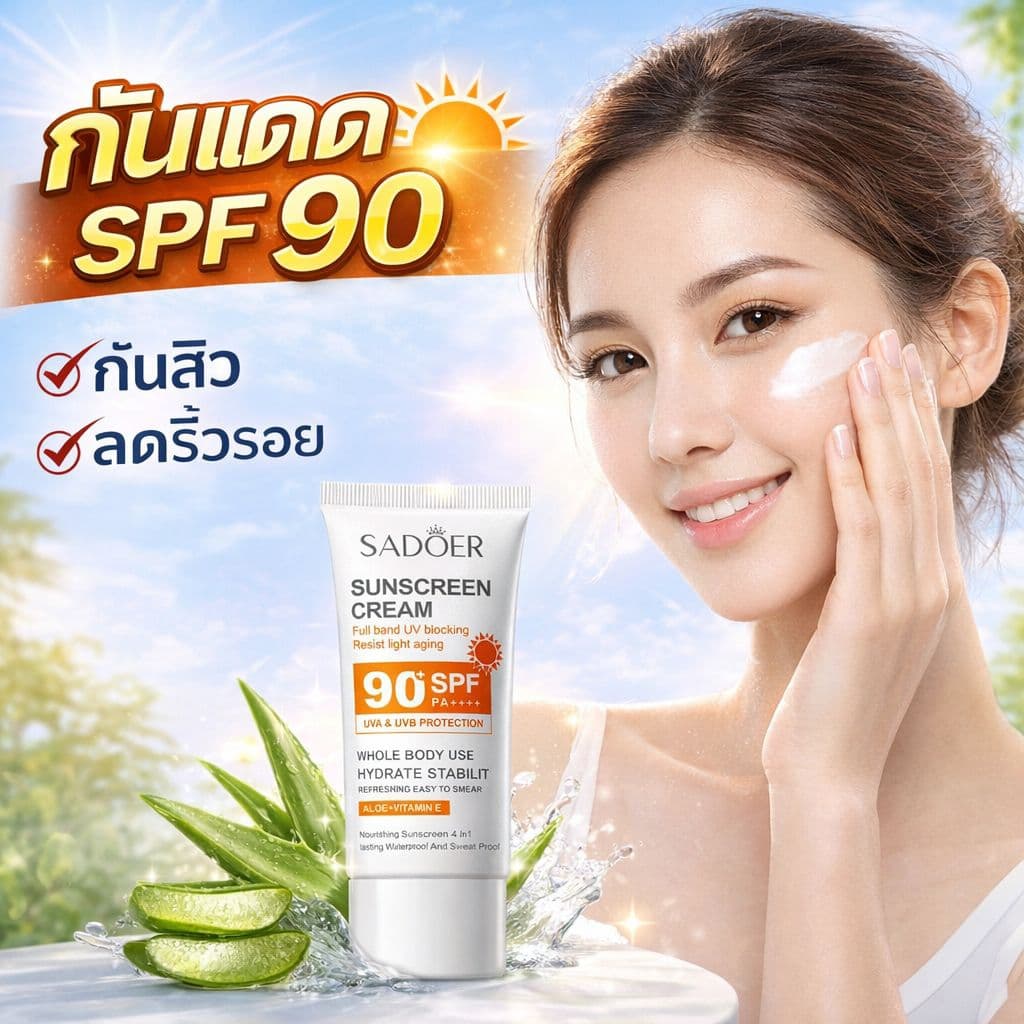 ครีมกันแดด SADOER SPF90+ PA+++ 50g | กันแดดหน้าใส ปกป้อง UVA/UVB กันน้ำ ไม่อุดตัน ผิวฉ่ำใส
