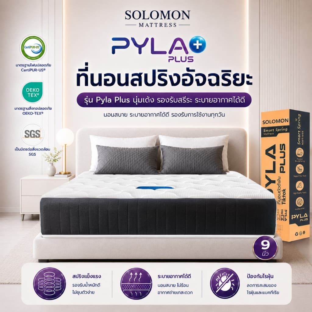 Solomon ที่นอนสปริง รุ่น Pyla Plus หนา 9 นิ้ว ที่นอนนุ่มแน่น รองรับสรีระ ลดอาการปวดหลัง กันไรฝุ่น… รูปที่ 1
