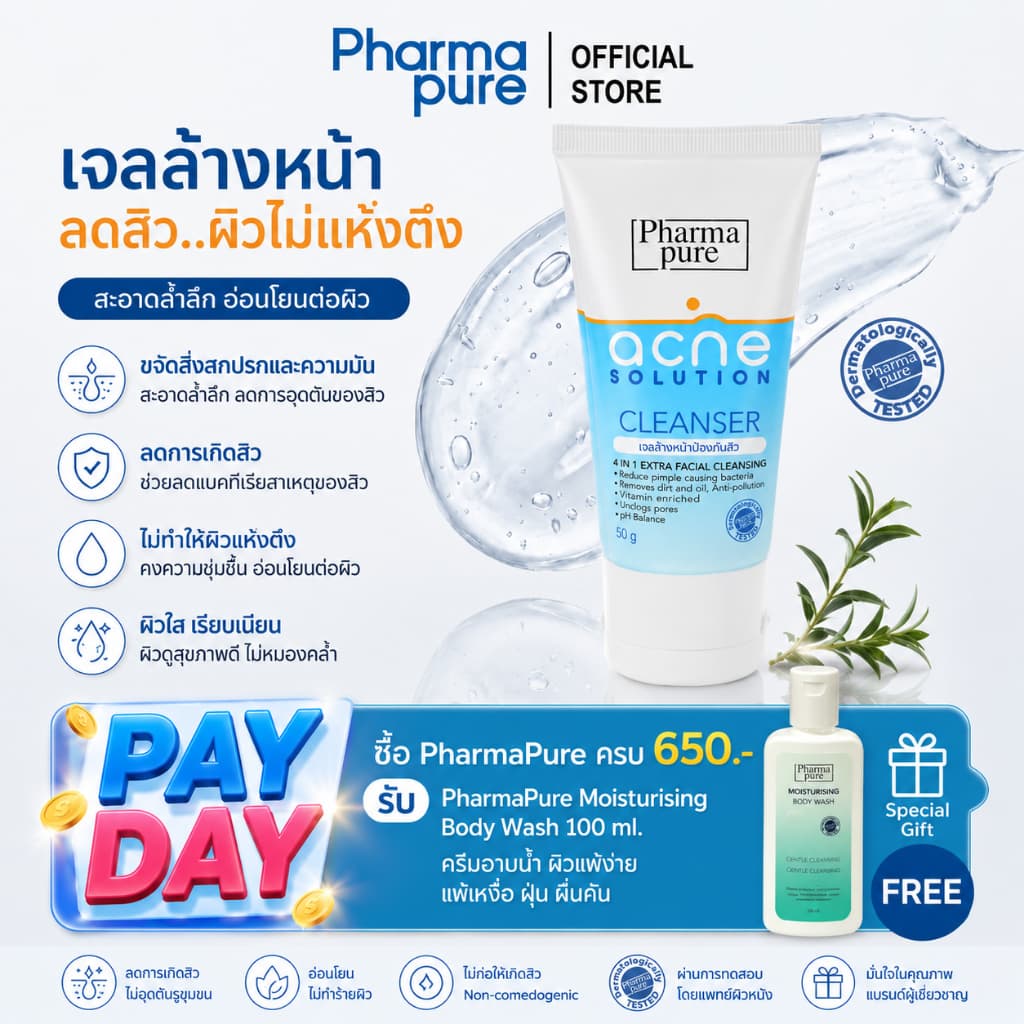 PharmaPure Acne Cleanser 50g. เจลทำความสะอาดผิวหน้า ให้ผิวหน้าสะอาดไร้สิว พร้อมดูแลผิวอย่างอ่อนโยน รูปที่ 1