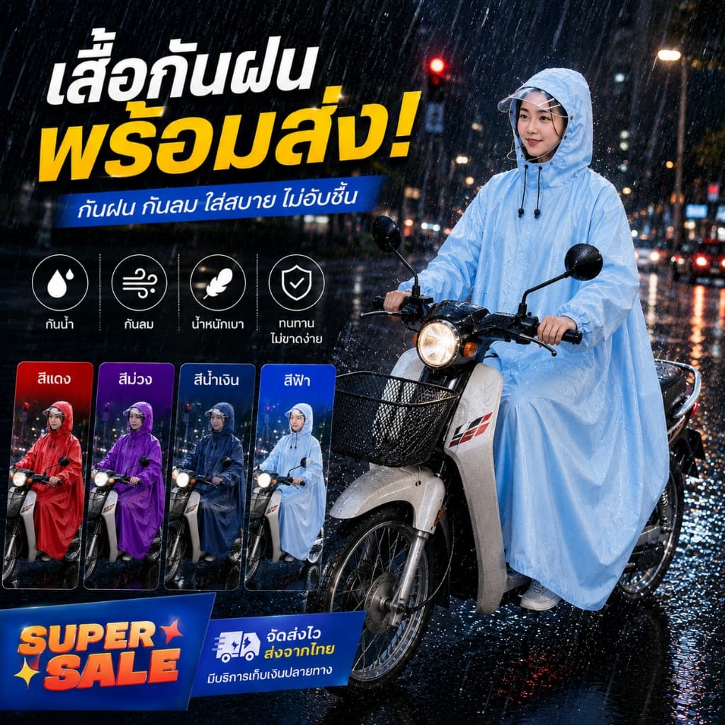 ชุดกันฝนผู้ใหญ่ ผ้าคุณภาพดี กันน้ำได้ดีเยี่ยม ดีไซน์หมวกมีปีกสองชั้น เสื้อกันฝนสำหรับขี่มอเตอร์ไซค์ จัดส่งไว…