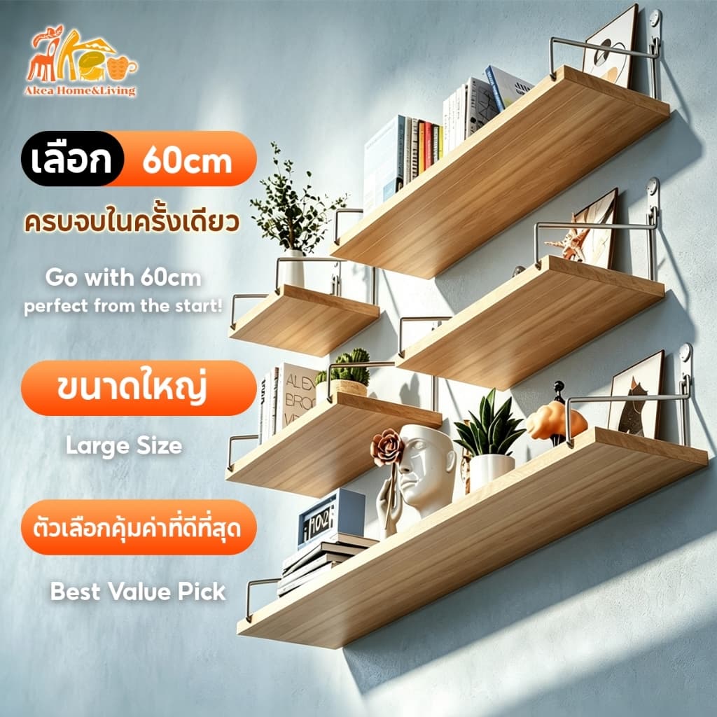 ไม่ต้องเจาะ ชั้นวางไม้ 60cm ชั้นวางติดผนัง ไม้แขวนผนัง สำหรับวางไวไฟ พระ ติดผนัง router wifi แบบหนา หิ้งพระ…