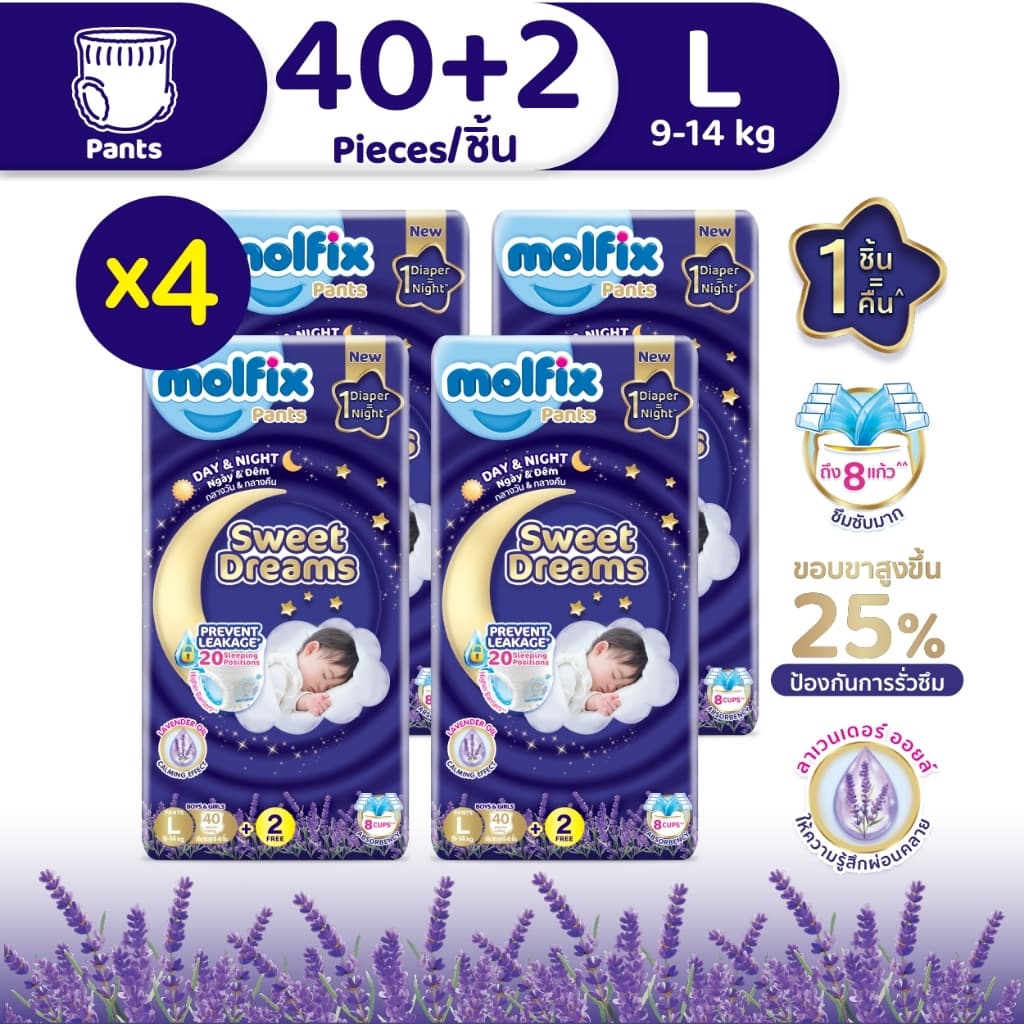 Molfix กางเกงผ้าอ้อมเด็กโมลฟิกซ์ สวีต ดรีมส์ แพ้นส์ เดย์ แอนด์ ไนท์ ไซซ์ L (40+2)