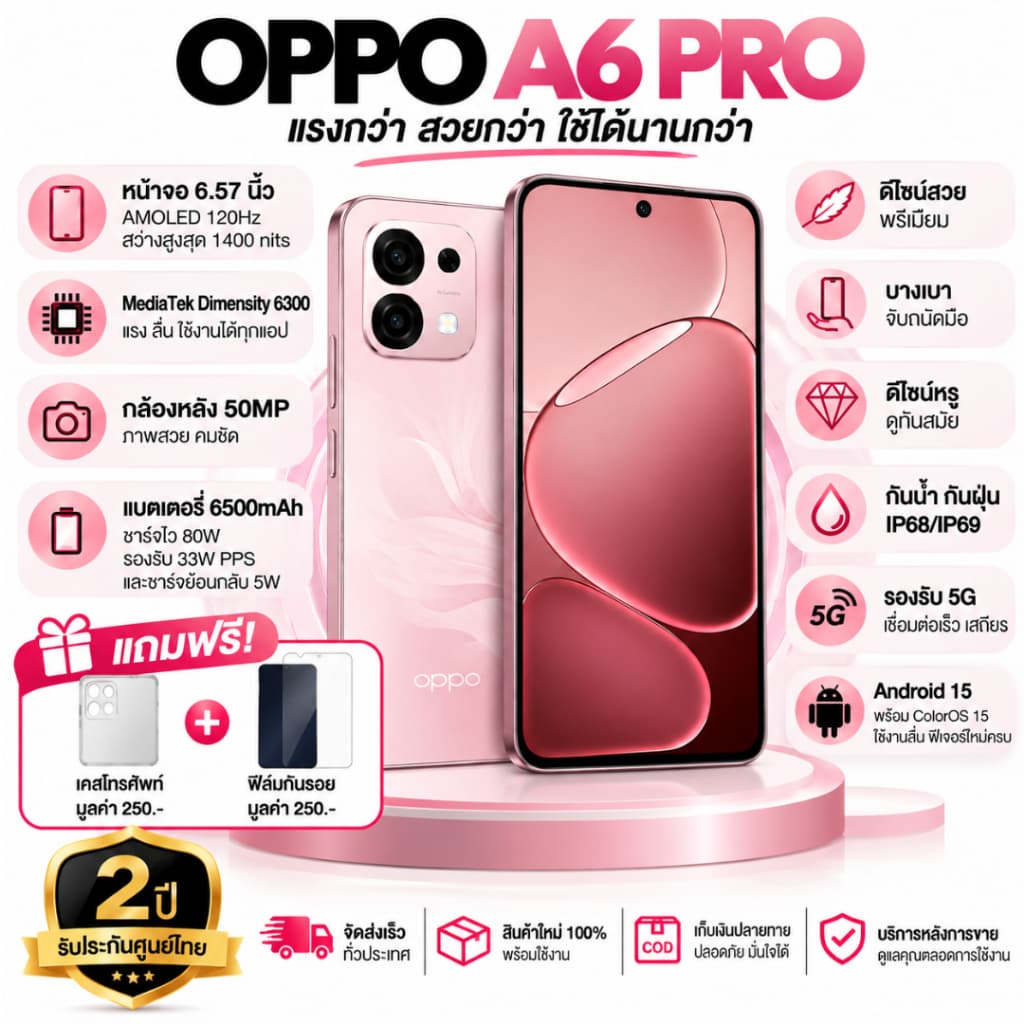 OPPO A6 Pro 5G 8+256GB | แบตเตอรี่ 6500mAh | หน้าจอ AMOLED 120Hz โทรศัพท์มือถือ รูปที่ 1