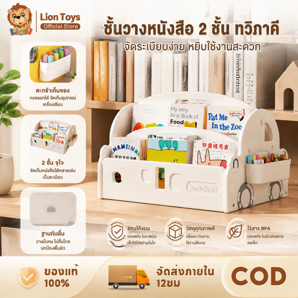 LionToys ชั้นวางหนังสือเด็ก ชั้นหนังสือเด็ก ได้เพิ่มความหนาความแข็งแรง และมีการใช้งาน 2 ด้าน รูปที่ 1