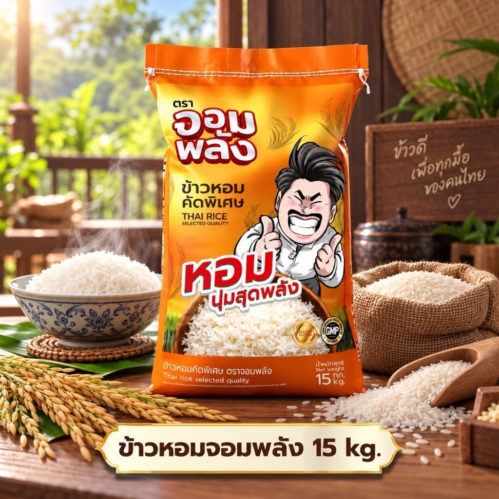 ข้าวหอมมะลิพันธ์ุพื้นบ้านจังหวัดกาญจนบุรี ตรา จอมพลัง 15 kg ตระกร้า กันจอมพลัง ของเเท้
