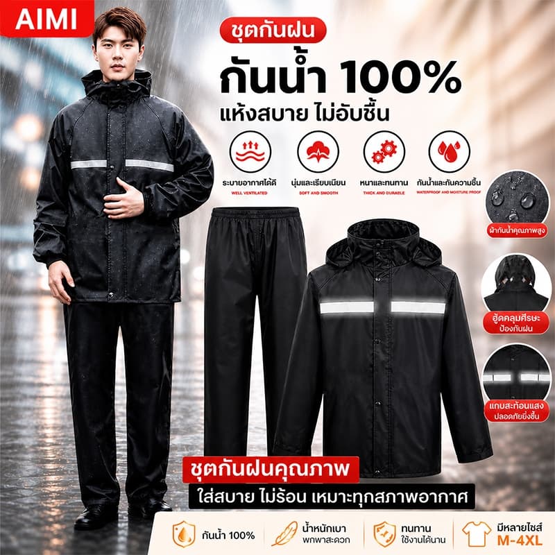 Aimi เสื้อกันฝน raincoat ชุดกันฝนแบบหนา มีแถบสะท้อนแสง รุ่น หมวกติดเสื้อ ชุดกันฝน