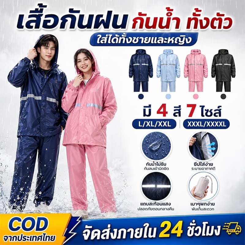 Aimi เสื้อกันฝน ชุดกันฝน เสื้อกันฝนผู้ใหญ่ กันน้ำ มีแถบสะท้อนแสง หมวกติดเสื้อ ใส่ได้ทั้งชายหญิง หลายสี