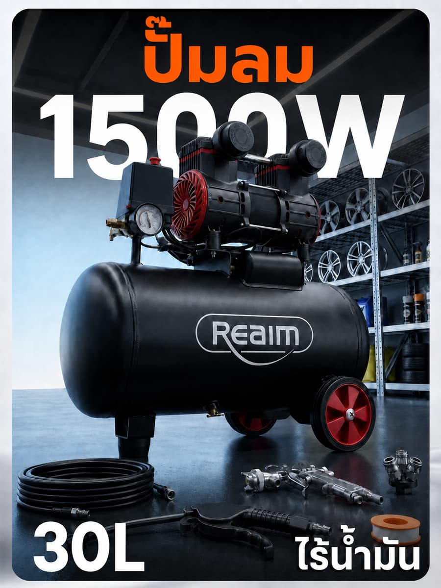 REAIM ปั้มลม 30 ลิตร ปั้มลมออยฟรี 1500W มอเตอร์คู่ ปั๊มลมออยล์ฟรี Air Compressors ปั้มลมพกพ