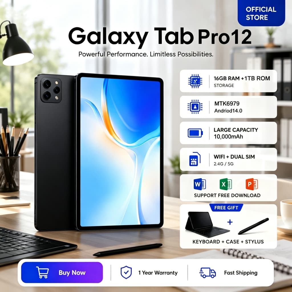 2025 ใหม่ XPAD 20 Pro แท็บเล็ตหน้าจอใหญ่ 12" 2K 90Hz ความคมชัดสูง เชื่อมต่อ 4G+WiFi ชิปเซ็ต MTK6979 ROM… รูปที่ 1