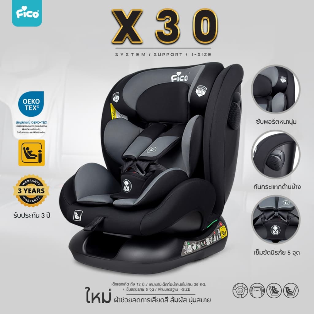 Fico คาร์ซีทรุ่นใหม่ล่าสุด All new X30 (I-SIZE) สำหรับแรกเกิด-12 ปี เสริมกันกระแทกด้านข้าง