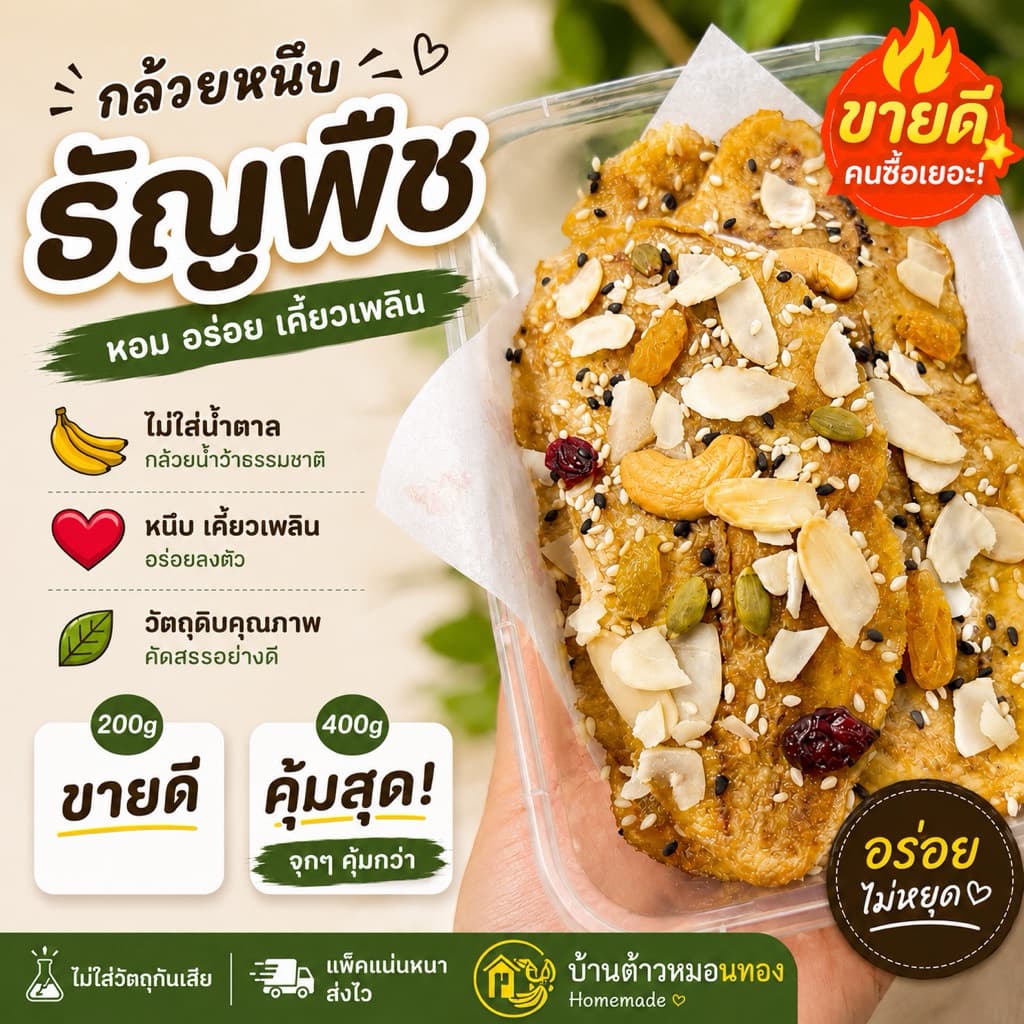 กล้วยหนึบ ธัญพืช 200g/400g ไม่ใส่น้ำตาล หวานธรรมชาติ กล้วยน้ำว้าอบแห้ง