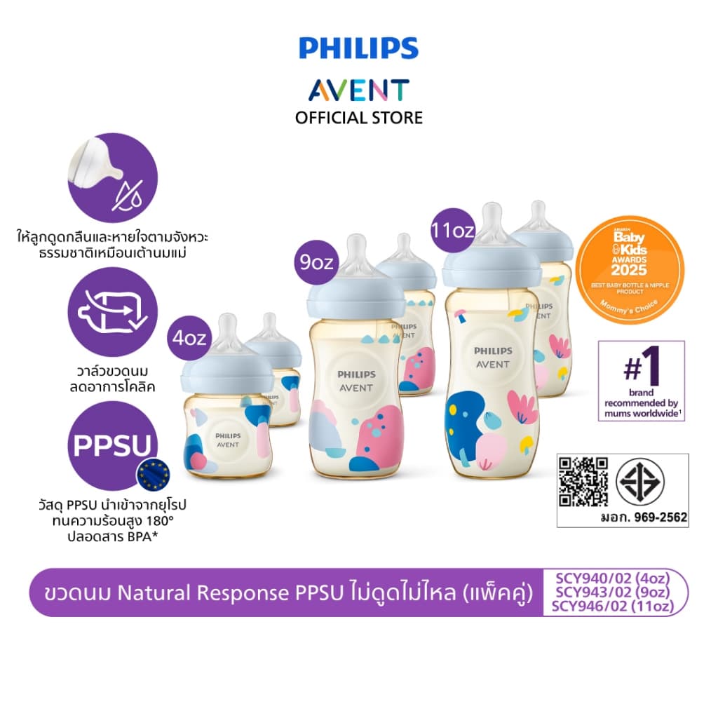 Philips Avent ฟิลิปส์ เอเวนท์ ขวดนม Natural Response PPSU ไม่ดูดไม่ไหล ขนาด 4 / 9 / 11 ออนซ์ แพ็คคู่