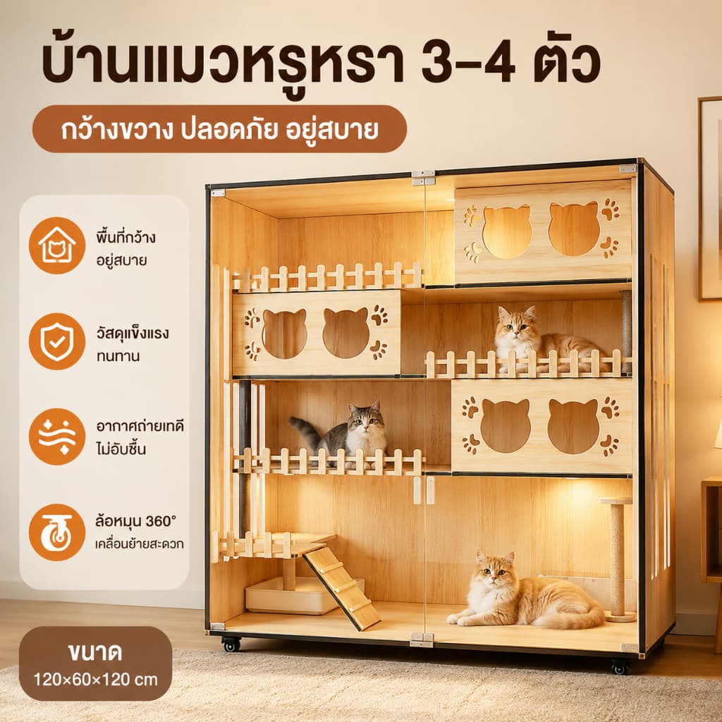 F&G วิลล่าแมว Cat Villa บ้านแมว กรงแมว ไม้เนื้อแข็ง วิลล่าแมวขนาดใหญ แยกพื้นที่ส่วนตัว มีไฟLED มีประตูด้านข้าง รูปที่ 1