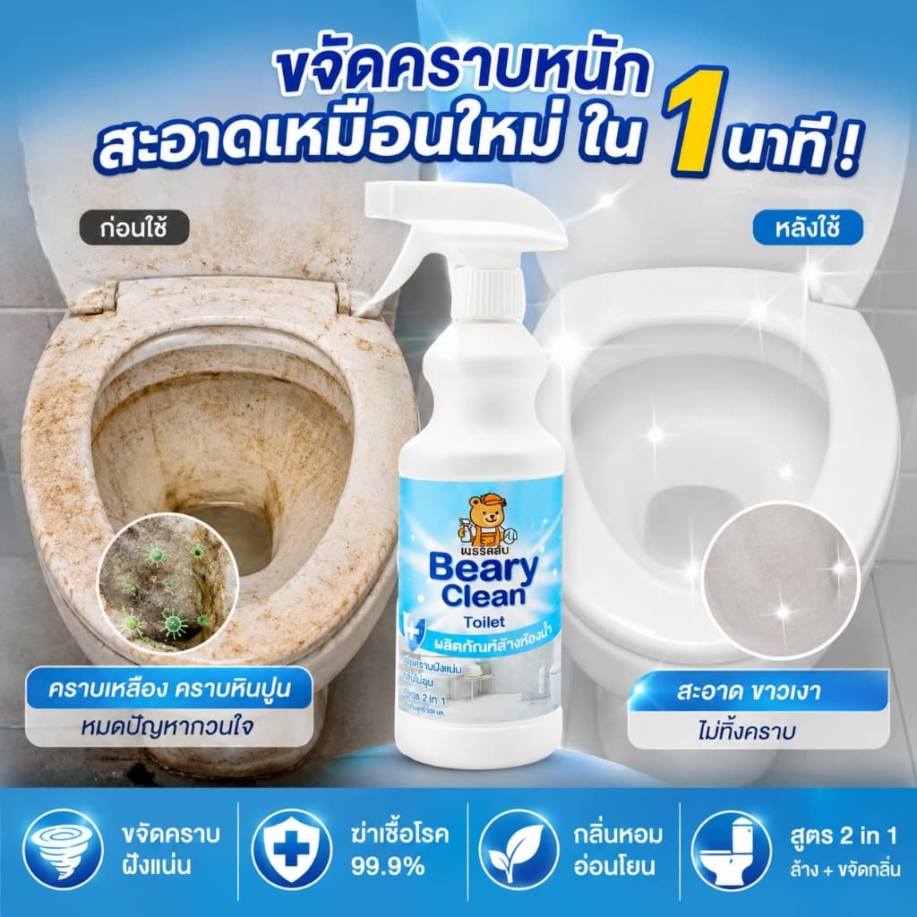 น้ำยาล้างห้องน้ำ สูตรแรง ขจัดคราบฝังลึก คราบเหลือง หินปูน ฆ่าเชื้อ กลิ่นหอม หัวฉีด2in1 เห็นผลทันที