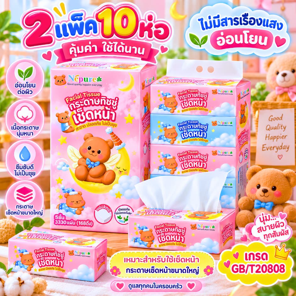 ( พร้อมส่ง10ห่อใหญ่ ) ทิชชู่หมีน้อยน่ารัก หนานุ่ม2ชั้น 1ห่อ/168แผ่น เกรดGB/T20808 เช็ดหน้าได้