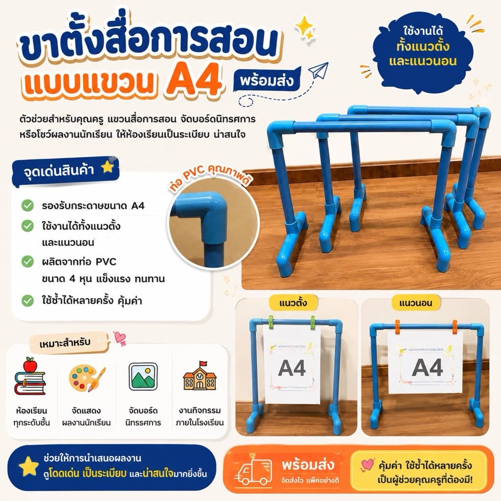 ขาตั้งสื่อ ขาตั้งPVC ขาสื่อการสอน ใส่กระดาษขนาด A4 สีฟ้า รูปที่ 1