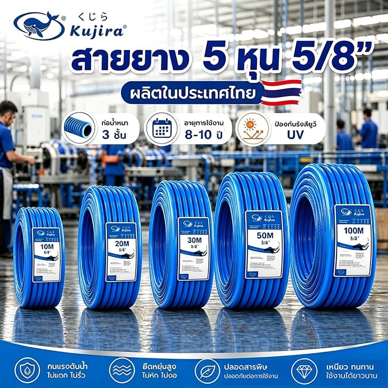 Kujira สายยาง 5 หุน สายยางสีฟ้า 5/8" (10-50M)โครงสร้างหนา 3 ชั้น สายยางรดน้ำต้นไม้ นุ่มและยืดหยุ่น 10… รูปที่ 1
