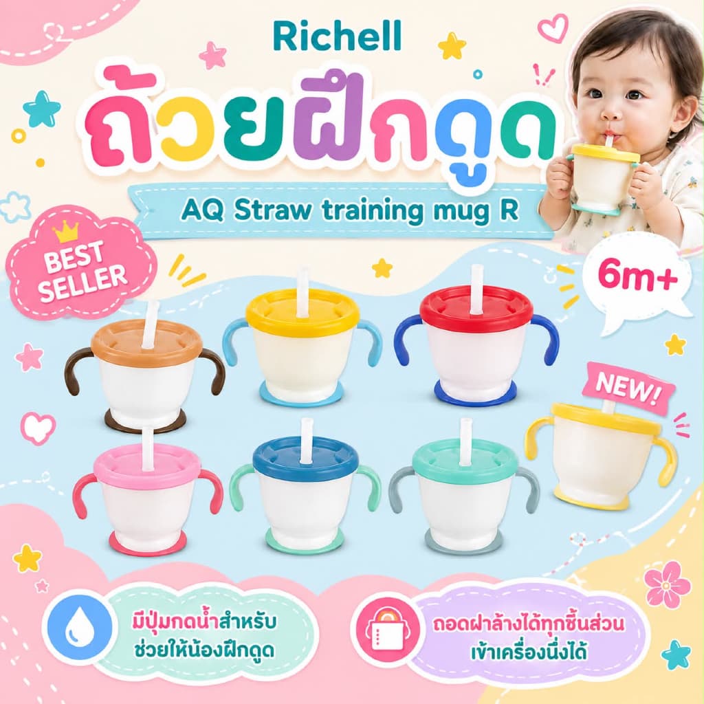 (ส่งด่วน/ส่งทันที ) Richell แก้วหัดดื่มกันสำลัก สำหรับเด็ก ถ้วยฝึกดูด Richell (Made In Japan)