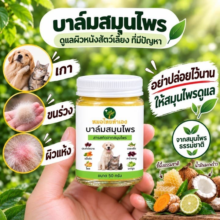 ครีมบาล์มดูแลผิวหนังสัตว์เลี้ยง ที่มีปัญหา สูตรสมุนไพร สำหรับสุนัข แมว 20-50 กรัม หมอไทยทำเอง