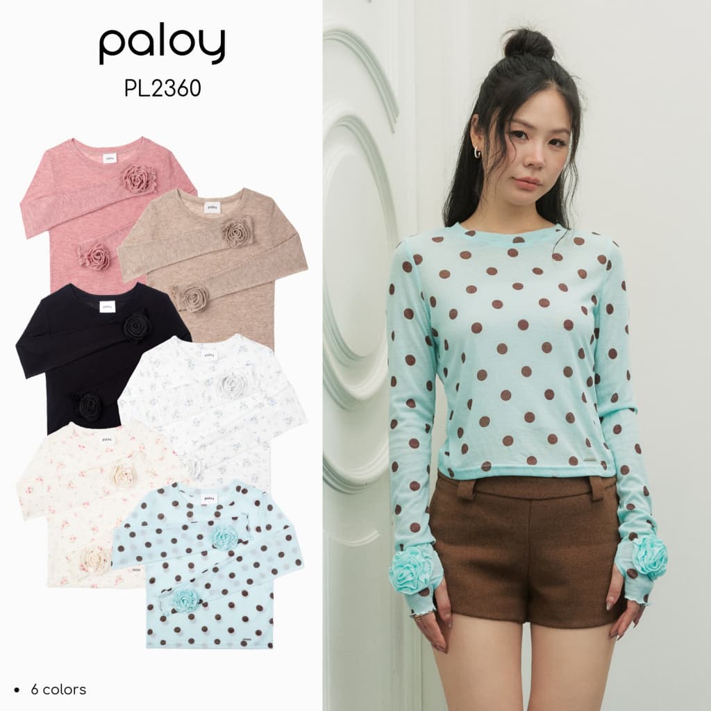Paloy - PL2360 Camellia Top เสื้อดอกคามิเลีย เสื้อแขนยาว ทรงเข้ารูป ปลายแขนแต่งดอกคามิเลีย