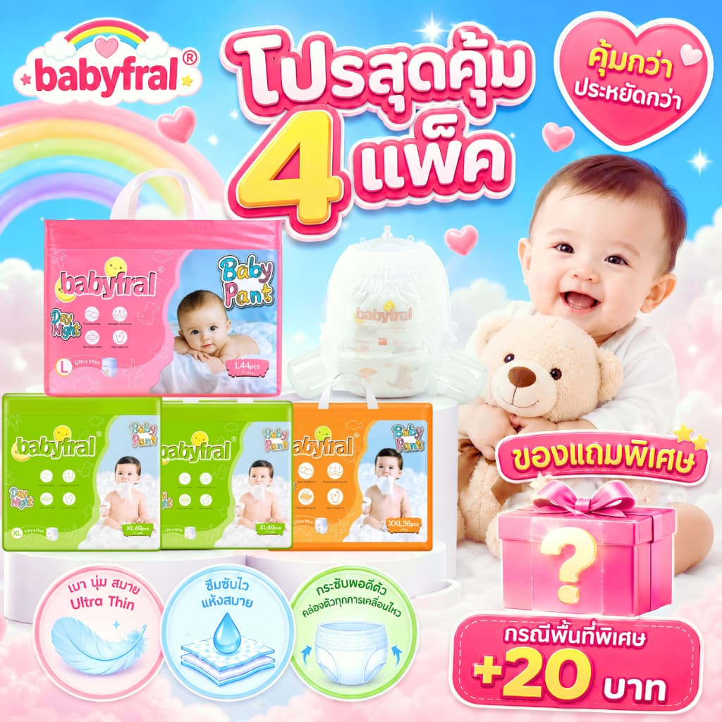 Baby fral แพมเพิสเด็ก นุ่มและแห้งสบาย บางพิเศษ ผ้าอ้อมออแกนิคแบบกางเกง L-XXL (4 แพ็ค+ทิชชู่เปียกแพคใหญ่)
