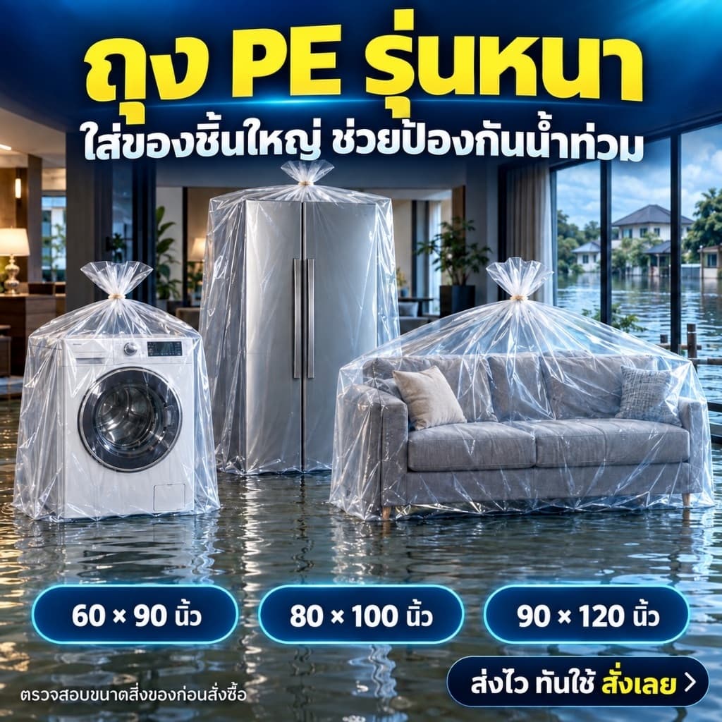 ถุง PE รุ่นหนา เหมาะสำหรับใส่เฟอร์นิเจอร์ กันน้ำท่วม ถุงใสใบใหญ่ รูปที่ 1