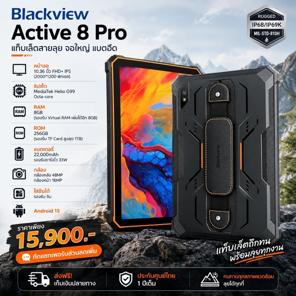 Blackview Active 8 PRO แท็บเล็ตทนระดับทหารAndroid13แบต22000mAhหน้าจอ 10.36กล้อง48/16RAM/ROM8GB/256GB รูปที่ 1