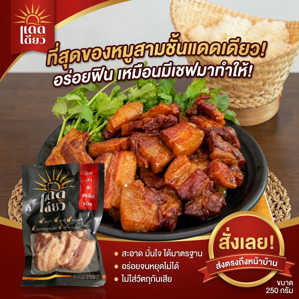หมูสามชั้นแดดเดียวพรีเมี่ยม อบลมร้อน สะอาด ไร้ฝุ่น ไร้แมลง ไม่ใส่สารกันเสีย ทอดง่ายๆใน 5 นาที