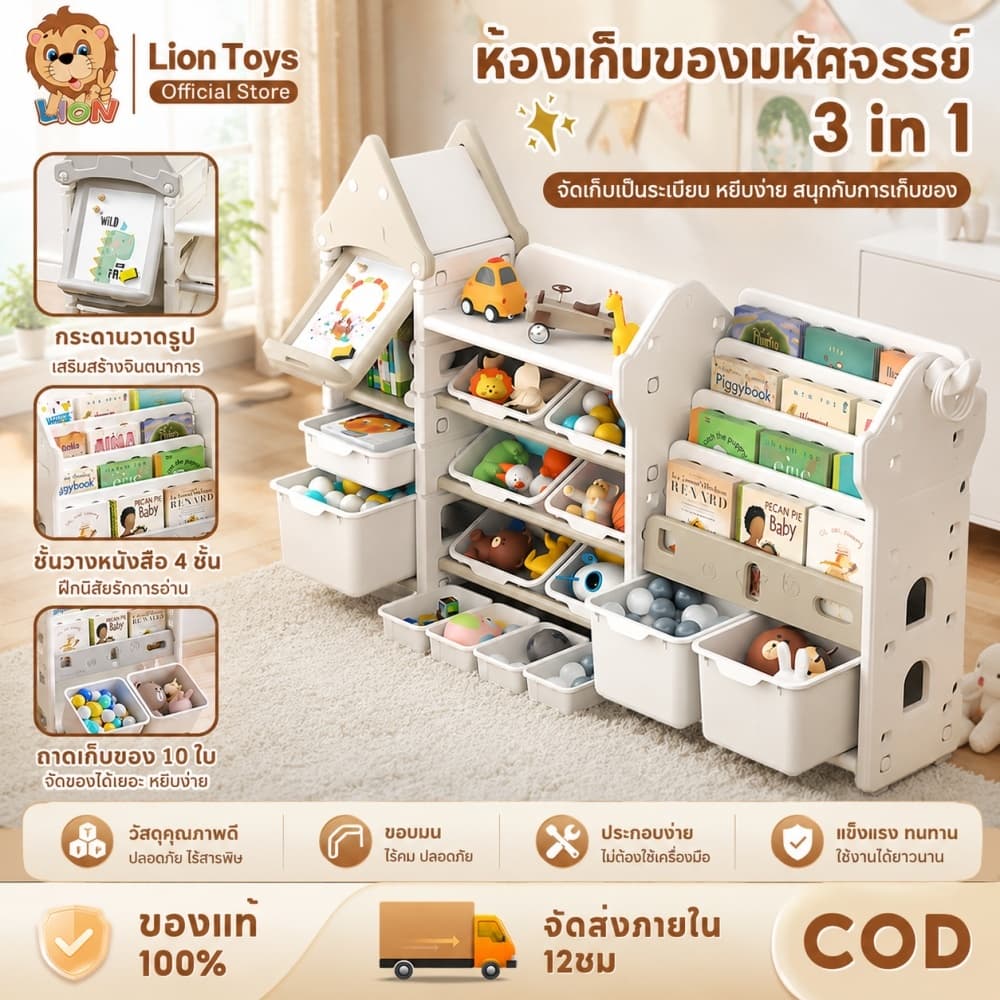 LionToys ชั้นวางของเล่น ชั้นวางของเด็กทรงบ้าน ชั้นวางของ คอลเลกชันของเล่น ชั้นวางหนังสือ รูปที่ 1