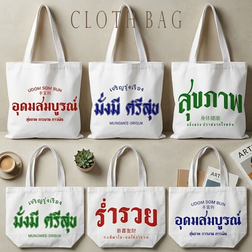 กระเป๋าผ้า ถุงผ้าดิบ ลาย มงคล กระเป๋าผ้าสกรีน หูยาวไม่รั้งไหล่ RR30 รูปที่ 1