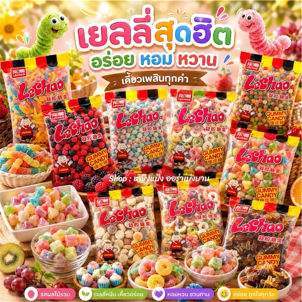 เยลลี่ Lechao เยลลี่น้ำแข็ง เยลลี่โดนัท เยลลี่ไข่ดาว เยลลี่เบอร์รี่ ปีโป้กรอบ มีขนาด 500 กรัม และ 1กิโล…