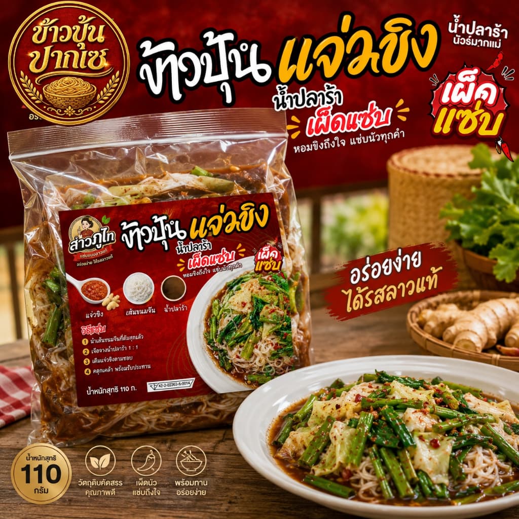 ข้าวปุ้นแจ่วขิง ขนมจีนคลุกน้ำปลาร้านัวเข้มข้น แซ่บสะเดิด อร่อยทำง่ายใน 5 นาที