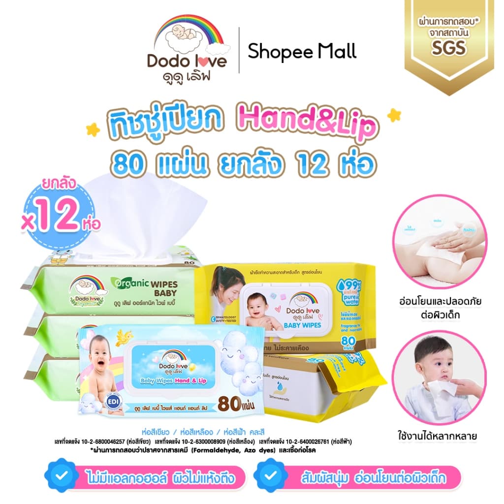 DODOLOVE ทิชชู่เปียก Baby Wipes ผ้าเช็ดทำความสะอาดสำหรับเด็ก ออร์แกนิค ห่อใหญ่ 80 แผ่น