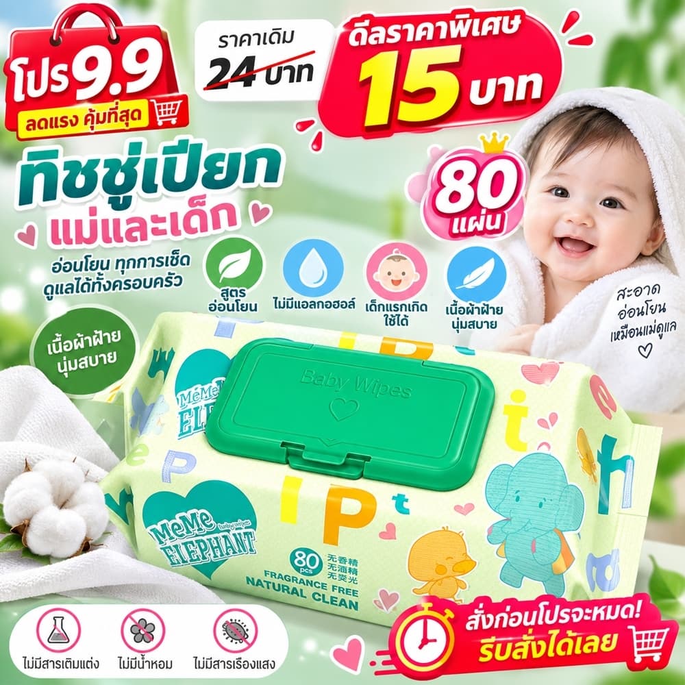 ทิชชู่เปียก 80แผ่น Baby wipes ผ้าฝ้ายนุ่ม100% กระดาษทิชชู่เปียก สำหรับผิวเด็ก ทิชชู่เปียกเด็ก