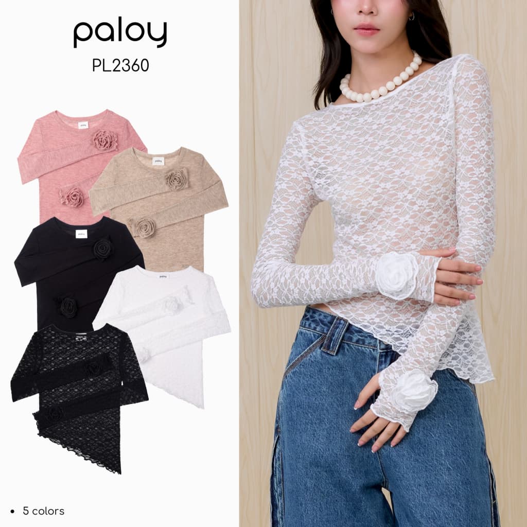 Paloy - PL2360 Camellia Top เสื้อดอกคามิเลีย เสื้อแขนยาว ทรงเข้ารูป ปลายแขนแต่งดอกคามิเลีย