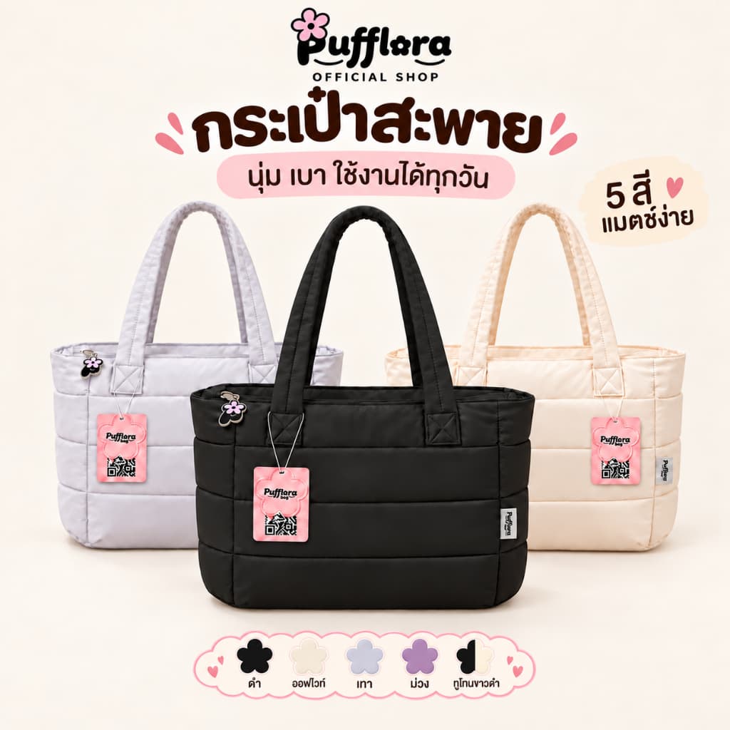 Pufflora กระเป๋าสะพายข้าง กระเป๋าถือ กระเป๋าโน้ตบุ๊ค รุ่น Signature Puffer ใบใหญ่ ช่องเก็บของหลายช่อง… รูปที่ 1