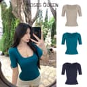 MOSESQUEEN นกยูงสีฟ้าขนาดใหญ่ U คอด้านหน้าวางเสื้อยืดแขนสั้นห้าชิ้นกลางแขนติดตั้งครึ่งแขนด้านบน #63982