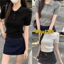 MQzz4289 *พร้อมส่ง* เสื้อแขนสั้นคอปก ผ้าไหมพรม ถักลายเคเบิ้ล ทรงสวย ใส่สบาย Freesize