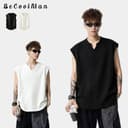 💥BecoolMan💥เสื้อยืดฤดูร้อน ผ้าลายริ้ว คอวี รุ่นบาง แขนกุด เย็น ระบายอากาศได้ดี หลวมสบาย…