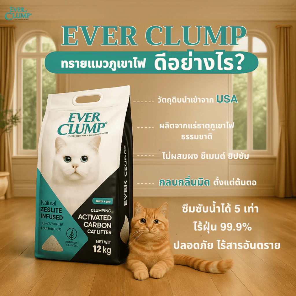 ทรายแมวภูเขาไฟ Everclump ทรายเม็ดนุ่ม นำเข้าจากอเมริกา