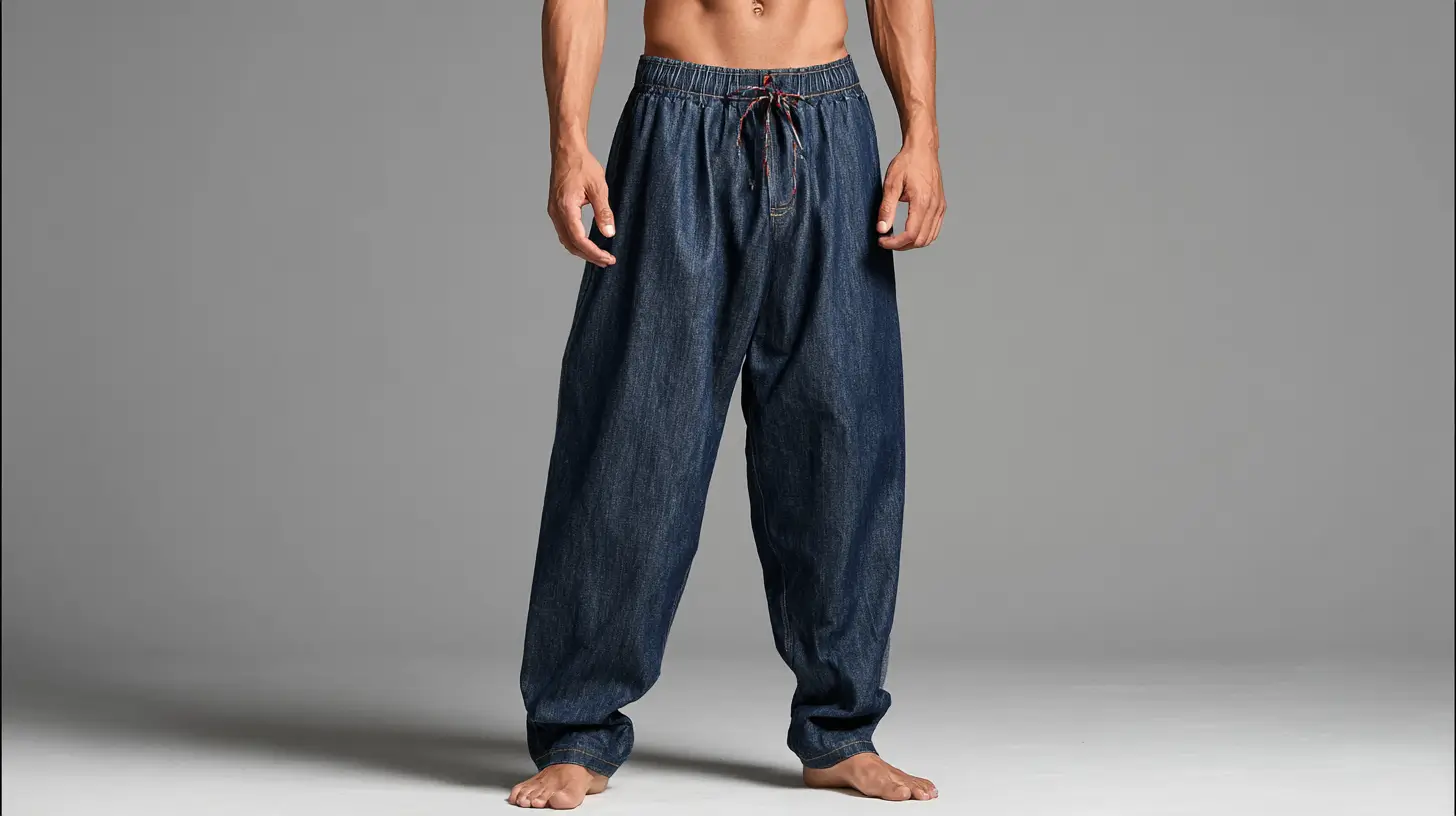 กางเกงยีนส์ขายาวชาย เอวยืด มีเชือกรูด ทรงหลวม